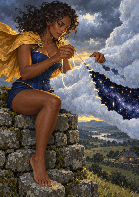A caped woman sits on a stone wall, sewing a glowing star-speckled dark patch into a cloud above a rural valley and lit house.
