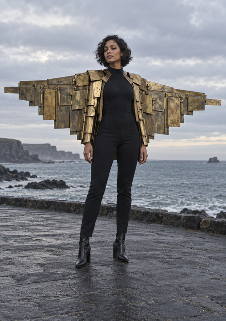 A model in a black outfit stands on a seaside promenade wearing a wide, wing-like coat made of stepped brass-colored plates.