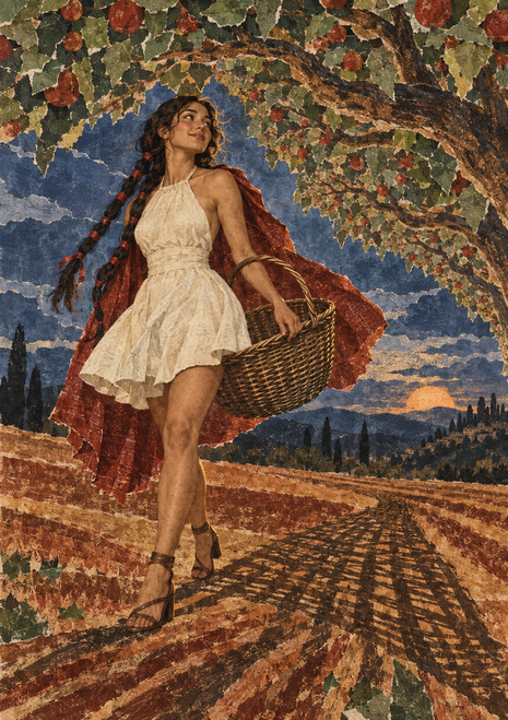 Woman in a pale dress and reddish cloak carrying a woven basket beneath a fruiting tree, with a path and distant hills.