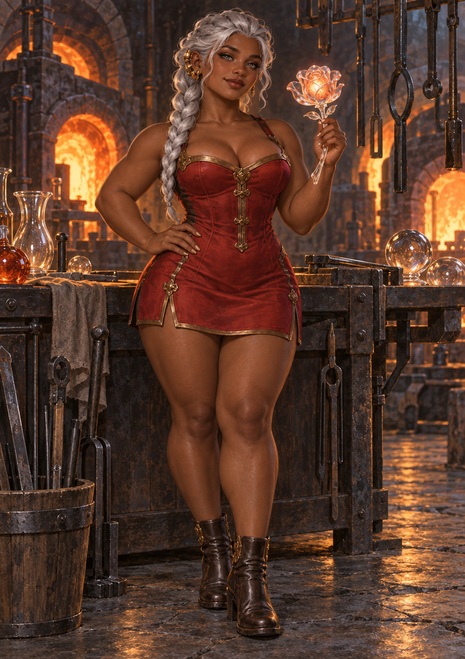 Silver-haired fantasy woman in a red-and-gold outfit holding a glowing rose-like object in a foundry with furnace openings and tools.