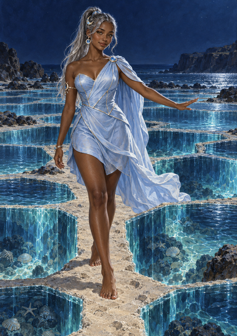 Silver-haired woman in a pale flowing dress beside angular blue tidal pools and rocky cliffs under a dark sky.