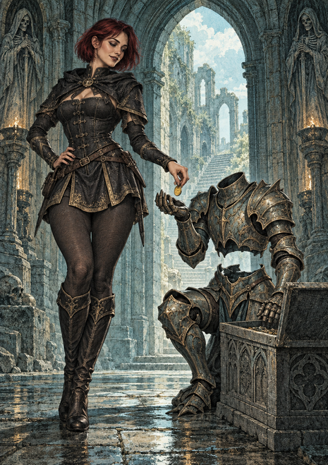 Red-haired armored woman offers a coin to a seated headless suit of armor in a ruined stone hall.