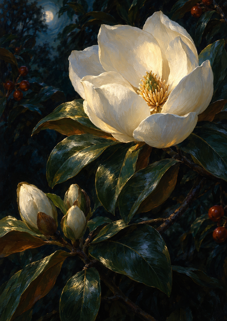 Luminous ivory magnolia-like flower with a golden center among dark green leaves, unopened buds, and red-brown berries.