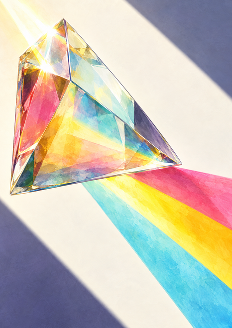 Large faceted triangular glass prism lit by a bright sunburst, casting turquoise, yellow, and rose bands across a pale ground between blue-violet shadows.
