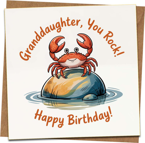 Granddaughter Birthday Card – Cute Crab 'You Rock' Square Greeting, 145mm x 145mm, Happy Birthday Design, Includes Kraft Envelope