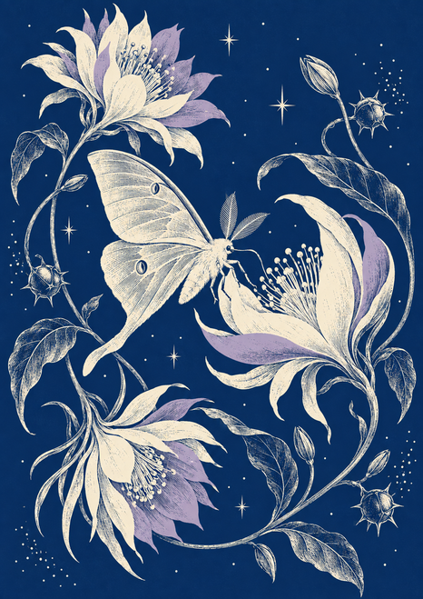 Pale patterned moth among oversized ivory and lilac flowers and curling foliage on a deep blue ground.