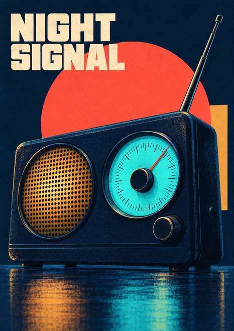 Dark retro radio with glowing turquoise tuning dial, red needle, amber grille, and antenna beneath cream NIGHT SIGNAL lettering.