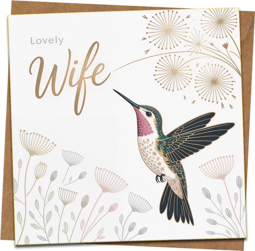 Wife Birthday Card – Hummingbird Floral Design, Lovely Wife Greeting Card, Anniversary Card for Her, 145mm x 145mm, Blank Inside with Kraft Envelope