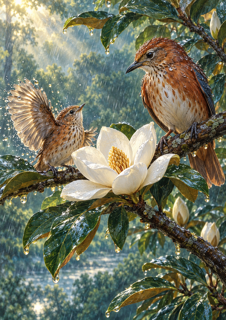Two brown songbirds on a rain-wet branch beside a large white magnolia, surrounded by glossy leaves and droplets.
