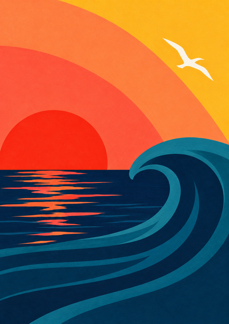 Geometric coastal sunset with a red-orange sun, curling teal wave, dark ocean reflections, and a small white seabird beneath layered warm arcs.