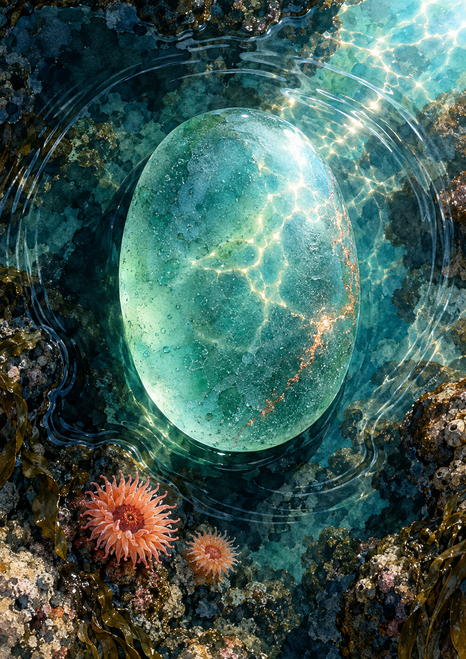 Pale turquoise oval among rippling dark teal water, with two coral-colored anemone forms below-left and bright highlights.