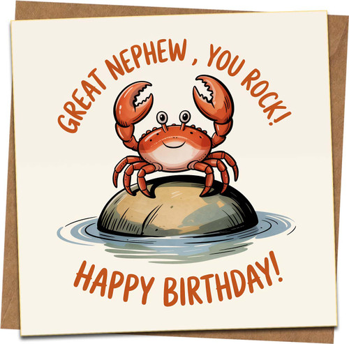 Great Nephew Birthday Card – Crab on Rock Cartoon, Funny “You Rock” – 145mm x 145mm Square Greeting Card with Kraft Envelope