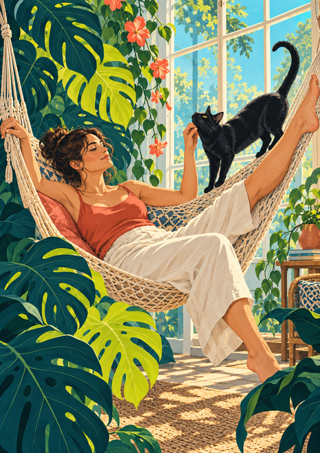 A woman in a coral top reclines in a woven hammock beside a black cat, surrounded by large green leaves and a bright window.