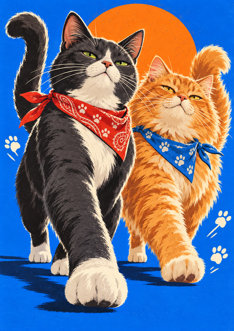 A charcoal-and-white tuxedo cat and fluffy orange cat in bandanas walking side by side beneath an orange sun.