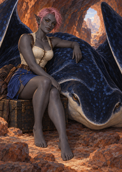 A pink-haired, gray-skinned pointed-eared woman sits on a chest beside a large dark blue ray-like creature in a cave.
