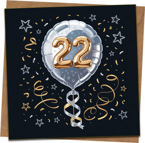 22nd Birthday Card for Him or Her - Balloon and Confetti Design - 145mm x 145mm Square Greeting Card with Kraft Envelope - Black, Gold & Silver - Milestone Twenty Two Celebration