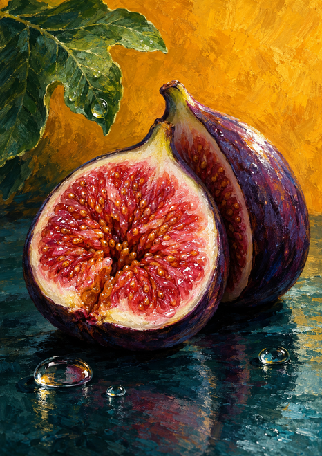 A split purple fig with a seed-filled pink interior and green leaf sits on a dark teal surface beneath a golden background.