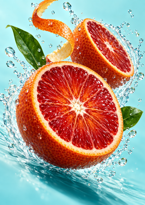 Two cut blood oranges with green leaves and a curling orange peel ribbon surrounded by a sparkling water splash on pale aqua.