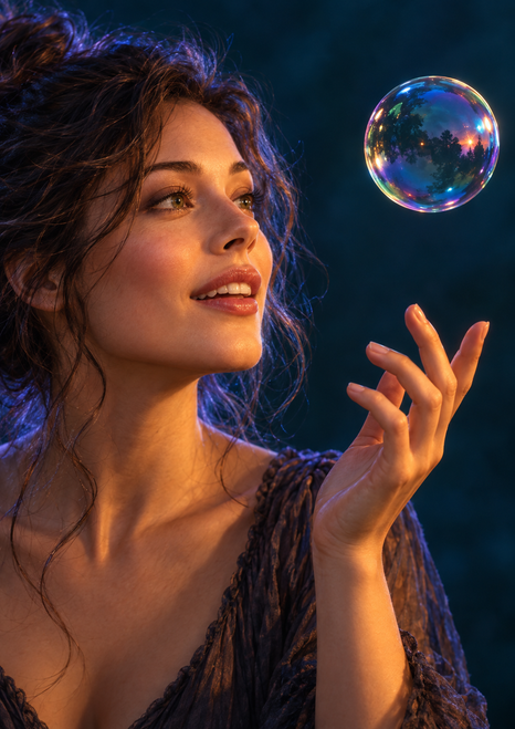 Portrait of a woman watching an iridescent soap bubble above her raised hand against a deep teal background.
