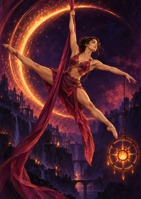 Aerial silk performer in a wide split pose, framed by a glowing arc above a dark cityscape with a hanging lantern.