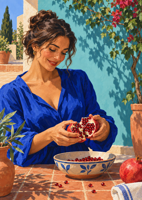 Smiling woman in a blue blouse opening a pomegranate over a patterned ceramic bowl in a sunlit courtyard.