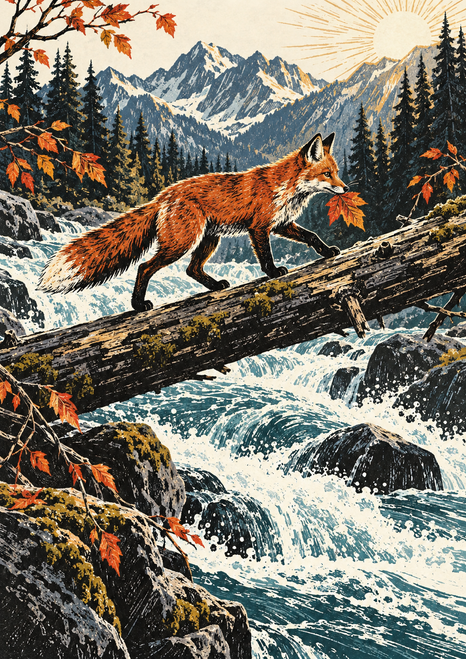 Red-orange fox carrying a copper leaf as it steps across a diagonal fallen log above a foaming mountain stream.
