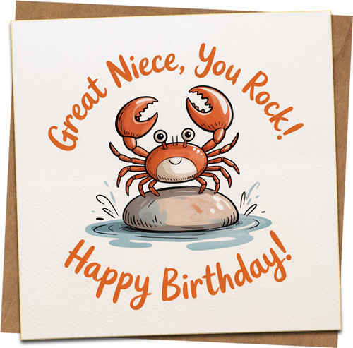 Great Niece You Rock Happy Birthday Card - Cute Crab Illustration - 145mm x 145mm Square Greeting Card with Kraft Envelope - Fun Ocean Theme Niece Birthday Card