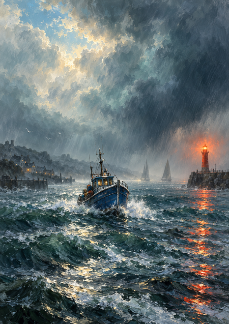 Small cobalt fishing boat on rough harbor water facing a glowing red-orange beacon, with distant sails and misty shoreline.