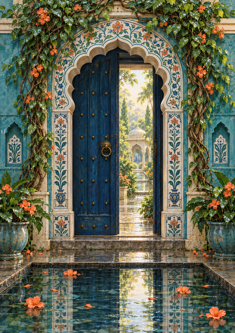 Ornate scalloped garden entrance with a partly open indigo door, flowering vines, botanical tiles, and a reflective pool.