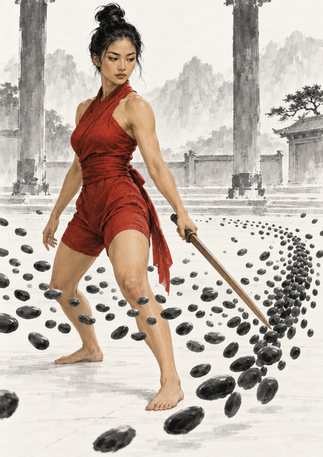 Barefoot swordswoman in a red wrap outfit stands with a sword among curved dark stones in a pale courtyard.