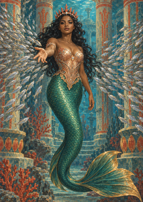 Crowned mermaid with a green scaled tail reaches toward the viewer amid silver fish, coral, and underwater palace columns.
