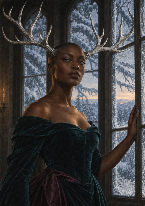 Antlered woman in a dark dress standing between tall arched windows, with frosted panes and snow-covered trees outside.