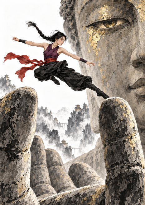 Dark-haired adventurer monk leaping past weathered stone pillars and a giant gold-eyed stone face in a misty pagoda landscape.