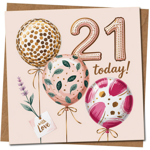 21st Birthday Card - 145mm x 145mm - Balloon Design - Premium Quality, Includes Kraft Envelope