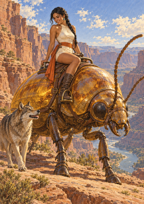 Woman riding a large reflective amber beetle beside a gray wolf in a sunlit canyon with cliffs and a winding river.