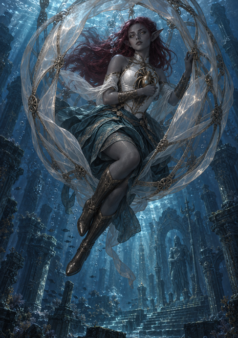 Pointed-eared woman with dark red hair floating in a blue submerged ruin, framed by looping translucent forms.