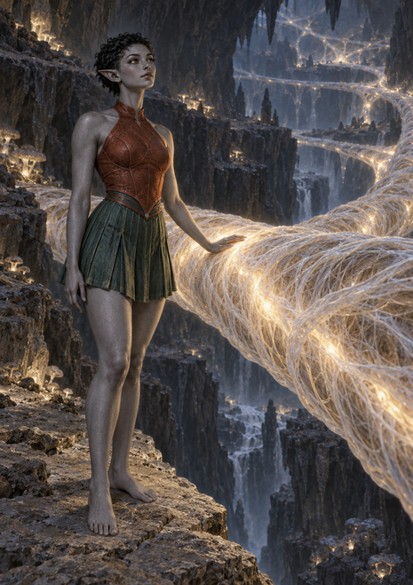 Pointed-eared woman in a rust top and green skirt touches a glowing strand in a cavern with distant bridges.