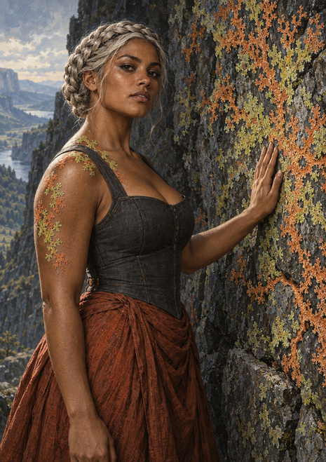 Braided woman in a dark bodice and rust skirt touches a growth-covered cliff overlooking a distant valley and water.