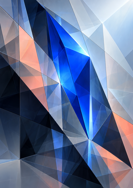 A luminous cobalt angular shard runs through overlapping pale, midnight-blue, and pale coral geometric facets.