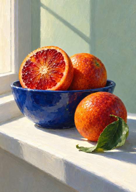 Two whole oranges and a cut half in and beside a cobalt bowl on a sunlit windowsill, with a green leaf and diagonal shadow.
