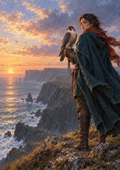 Cloaked falconer looking back with a falcon on a gloved arm above coastal cliffs and sea at sunrise.