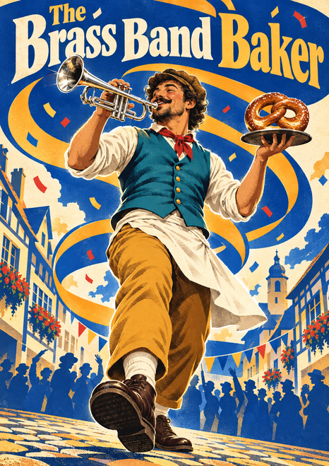 Street musician in teal and ochre plays a silver trumpet and holds pretzels above a festival crowd, with cobalt and gold ribbons behind him.