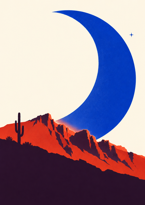 Cobalt crescent moon above jagged vermilion desert mountains, with a saguaro silhouette and small star.