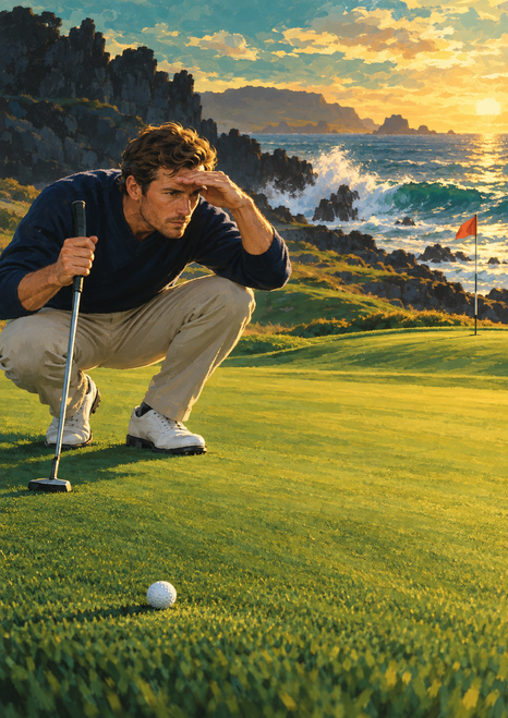 Crouching golfer reading a putt on a coastal green, with ball and putter in front and a red flag, rocks, and surf behind.