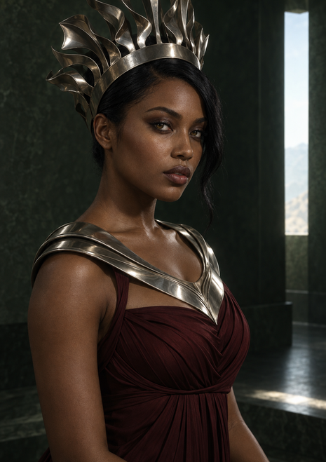 Dark-haired woman in a burgundy gown and sculptural metallic crown standing beside a bright window in a dark stone interior.