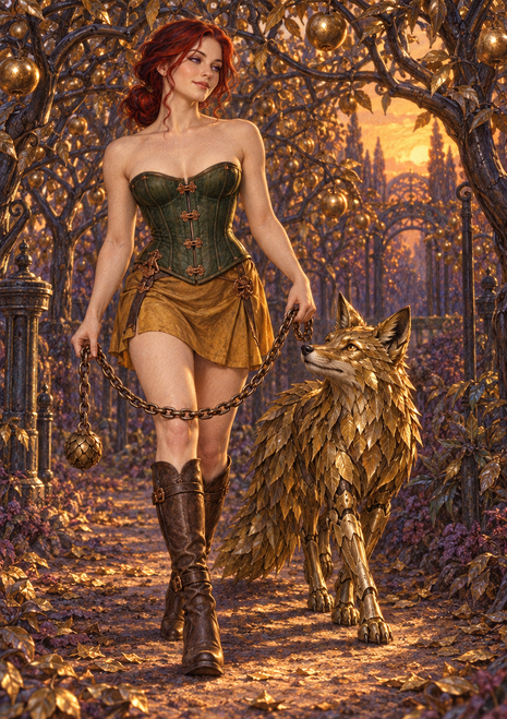 Red-haired woman in a green corset leads a plated fox-like animal through a glowing golden grove.