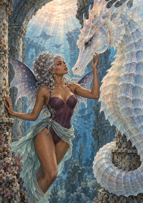 Winged woman in purple reaching toward a pale finned seahorse-like creature beneath a ruined underwater stone arch.