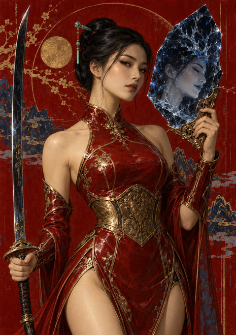 Woman in ornate red and gold fantasy armor holding a curved sword and fractured-looking mirror with her face reflected inside.