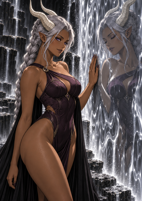 Silver-haired horned woman touching a reflective cascade, with her reflected figure among dark rock formations.