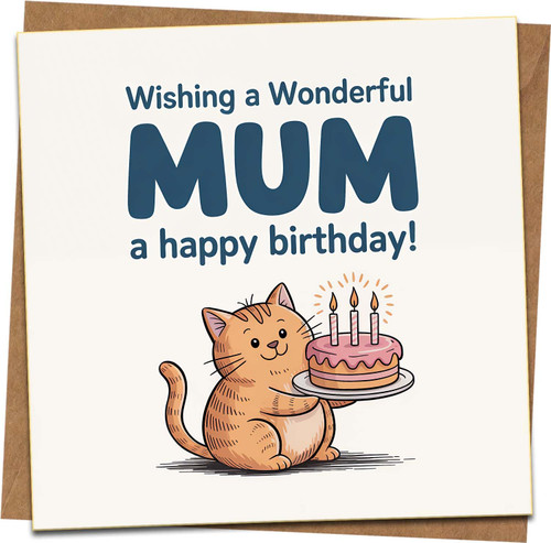 Mum Birthday Card, Cute Cat with Cake – Wishing a Wonderful Mum a Happy Birthday, 145mm x 145mm Square, Blank Inside, Premium Funny Greeting Card with Kraft Envelope